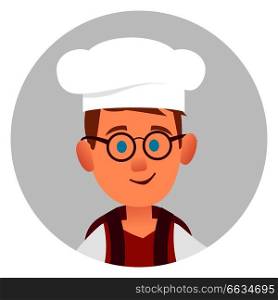 Youngster with glasses and dark red backpack on shoulders in chef&rsquo;s white hood in gray circle, vector isolated illustration in cartoon style. Youngster with Glasses and Backpack in Chef&rsquo;s Hood