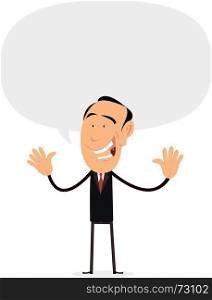 Your Attention Ladies And Gentlemen !. Illustration of a cartoon happy businessman or showman talking to people or theatre audience