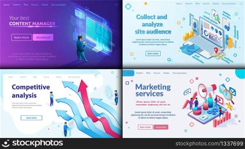 Your Best Content Manager, Marketing Service, Competitive Analysis, Collect and Analyze Site Audience. Flat Banner Lettering. Vector Illustration Landing Page. Analytical Mind.. Your Best Content Manager, Marketing Service.