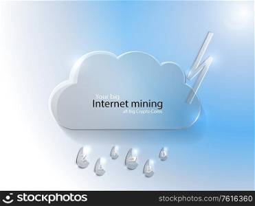 Your big internet mining, all crypto coins, cloud and lightning symbols on blue, bitcoin, dash, ethereum sign, web cash, e-commerce element decorations, payment vector. Mining hub from website. Bitcoin Element, Cloud and Lightning, Web Vector