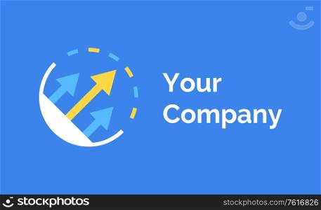 Your company logotype, circle with rising arrows, colorful round shape with pointers, geometric label, idea of logo in flat design style, technology vector. Company Logo or Label with Arrows, Emblem Vector