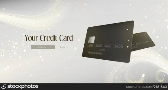 Your credit card web banner with black bank cards, sparks and abstract pattern on blurred backdrop. Financial banking services ads promotion, presentation for Vip clients, Realistic 3d vector template. Your credit card web banner with black bank cards