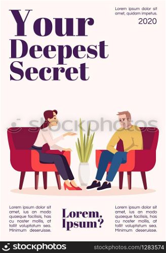 Your deepest secret magazine cover template. Psychology consultation. Talk therapy. Journal mockup design. Vector page layout with flat character. Advertising cartoon illustration with text space