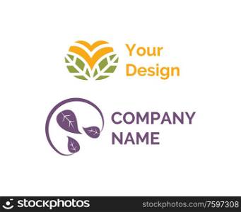 Your design vector, company name isolated icons set in flat style. Emblems for companies in color, logotype with foliage and circle, abstract foliage. Your Design and Company Name, Logotype Icons Set