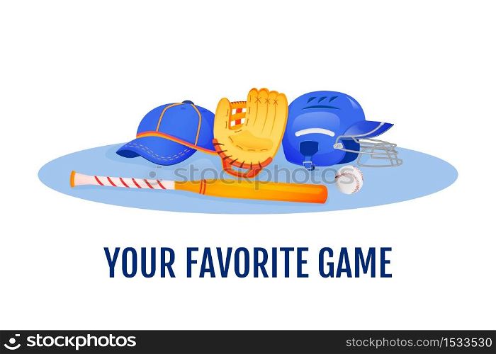 Your favorite game flat concept vector illustration. Bat and ball for softball. Protection helmet for game. Sports equipment 2D cartoon objects for web design. Baseball creative idea. Your favorite game flat concept vector illustration