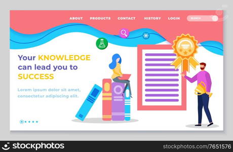 Your knowledge can lead you to success. Web page for online learning with navigation menu. Man and woman stand near books and diploma or certificate. Vector illustration of website in flat style. Knowledge Can Lead to Success, Online Education