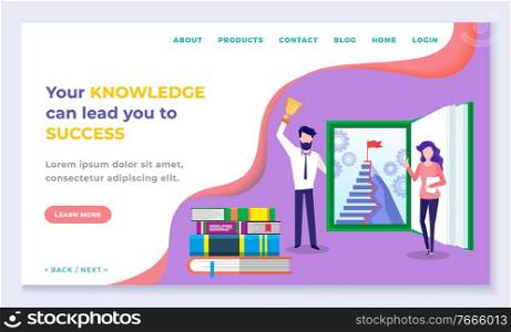 Your knowledge can lead you to success website distance lesson. Man and woman with book educational symbol for learning online. Modern landing page template, webpage flat design style vector. Knowledge and Success Online Education Vector