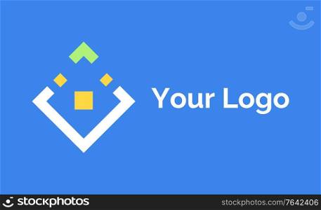 Your logo template, colorful geometric label with lines and square, design and creative business symbol, logotype in flat design style on blue vector. Logotype Symbol, Company Label, Logo Icon Vector