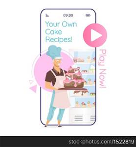 Your own cake recipes cartoon smartphone vector app screen. Confectionery. Man holding confection product. Mobile phone displays with flat character design mockup. Application telephone cute interface
