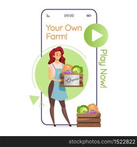 Your own farm cartoon smartphone vector app screen. Farming game. Woman with vegetables. Mobile phone displays with flat character design mockup. Application telephone cute interface