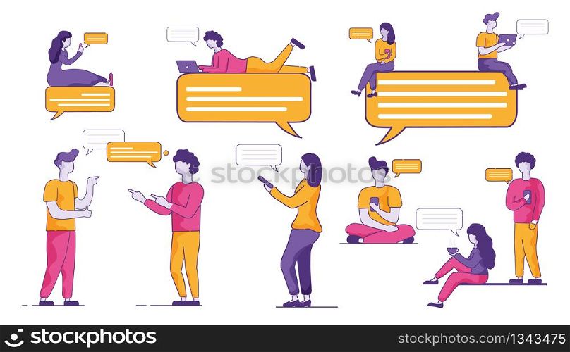 Youth Audience Actively Communicates in Messenger. Vector Illustration on White Background. Private Correspondence in Social Networks. Chatbot does not Take Place in Memory and on Screen Smartphone.