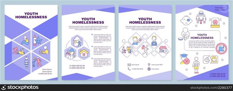 Youth homelessness purple brochure template. Child becoming homeless. Leaflet design with linear icons. 4 vector layouts for presentation, annual reports. Arial-Black, Myriad Pro-Regular fonts used. Youth homelessness purple brochure template