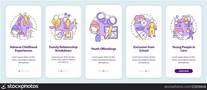 Youth homelessness reasons onboarding mobile app screen. Offendings walkthrough 5 steps graphic instructions pages with linear concepts. UI, UX, GUI template. Myriad Pro-Bold, Regular fonts used. Youth homelessness reasons onboarding mobile app screen