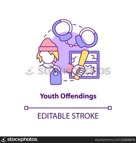 Youth offendings concept icon. Homelessness among young people abstract idea thin line illustration. Behavioral problems. Isolated outline drawing. Editable stroke. Arial, Myriad Pro-Bold fonts used. Youth offendings concept icon