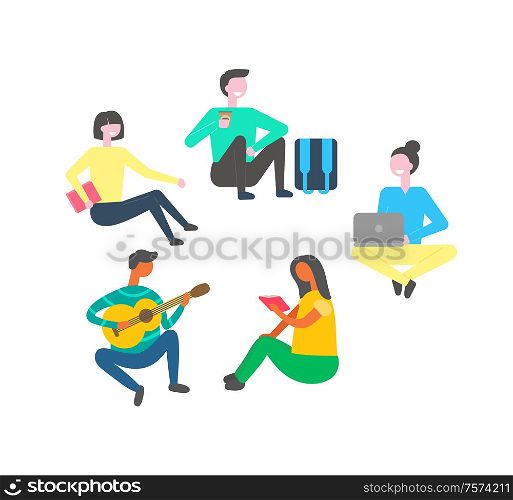 Youth reading vector, working on computer and playing guitar. Freelance worker, person sitting with rucksack, lady with book, and female holding laptop. Youth Reading, Working on Computer Playing Guitar