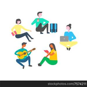Youth reading vector, working on computer and playing guitar. Freelance worker, person sitting with rucksack, lady with book, and female holding laptop. Youth Reading, Working on Computer Playing Guitar