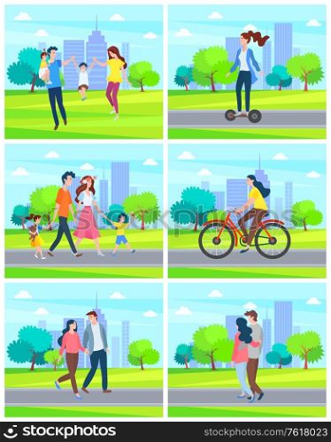 Youth riding scooter vector, person on bike bicycle ride of woman, couple walking in city park, family day of mother and father with children set. City Park People Walking in Town Couples and Youth