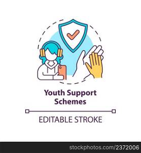 Youth support schemes concept icon. Teens assistance. Social planning example abstract idea thin line illustration. Isolated outline drawing. Editable stroke. Arial, Myriad Pro-Bold fonts used. Youth support schemes concept icon