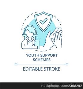 Youth support schemes turquoise concept icon. Teens assistance. Social planning abstract idea thin line illustration. Isolated outline drawing. Editable stroke. Arial, Myriad Pro-Bold fonts used. Youth support schemes turquoise concept icon