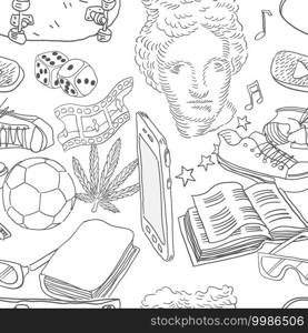 Youth Time Seamless Vector Doodles Pattern. Education college theme seamless background.