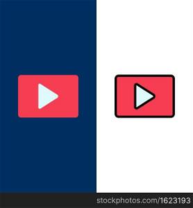 YouTube, Paly, Video, Player  Icons. Flat and Line Filled Icon Set Vector Blue Background