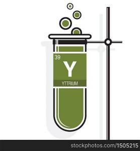 Yttrium symbol on label in a green test tube with holder. Element number 39 of the Periodic Table of the Elements - Chemistry