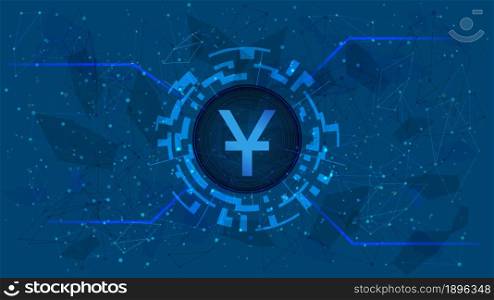 Yuan CNY coin symbol in circle with digital theme on blue background. China currency icon for website or banner. Copy space. Vector EPS10.