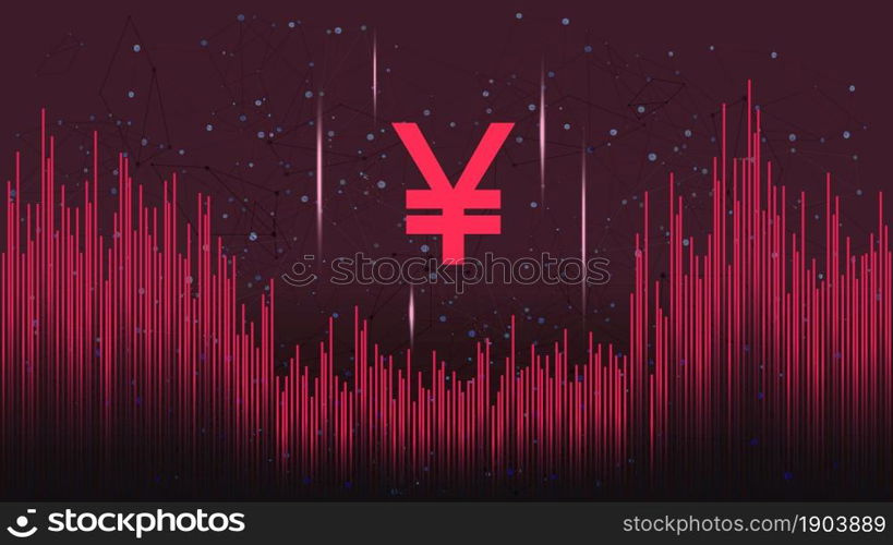 Yuan CNY token symbol on dark polygonal background with wave of lines. Cryptocurrency coin logo icon. Vector illustration.
