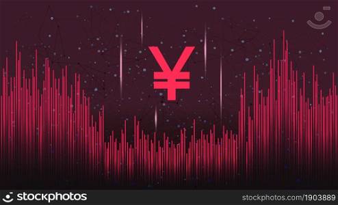 Yuan CNY token symbol on dark polygonal background with wave of lines. Cryptocurrency coin logo icon. Vector illustration.