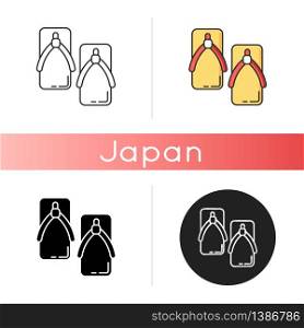 Yukata shoes icon. Japanese geta slippers to wear with kimono. Oriental wooden sandals. Traditional asian footwear. Linear black and RGB color styles. Isolated vector illustrations. Yukata shoes icon