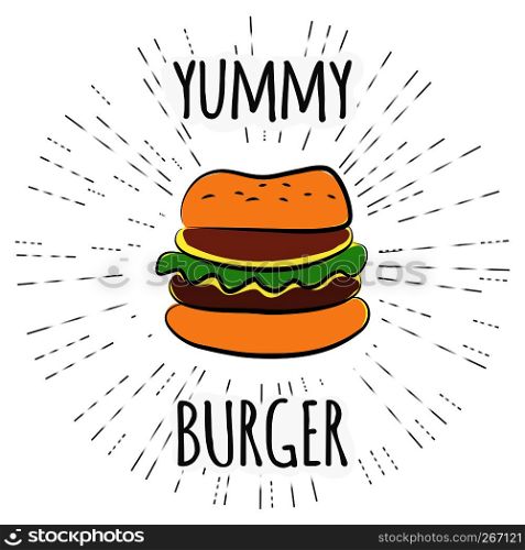 Yummy burger vintage label with sunburst.Stock vector illustration.. Yummy burger vintage label with sunburst