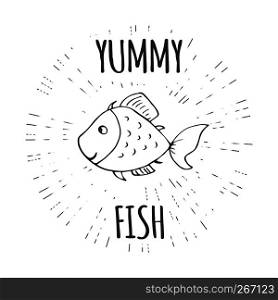 Yummy fish,funny doodle vector illustration.. Yummy fish,funny doodle