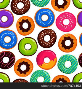 Yummy glazed cakes chocolate donuts vector seamless pattern. Donut yummy pattern, sweet dessert illustration. Yummy glazed cakes chocolate donuts vector seamless pattern