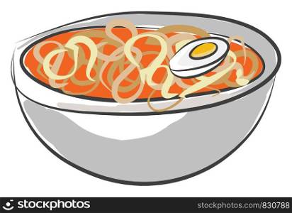 Yummy pasta soup filled in a bowl looks so spicy and colorful along with a sliced half boiled egg vector color drawing or illustration