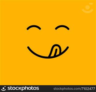 Yummy smile. Delicious, tasty eating emoji face eat with mouth and tongue gourmet enjoying taste. Funny hungry yummy tasting food mood logo line yellow vector isolated icon. Yummy smile. Delicious, tasty eating emoji face with mouth and tongue. Funny hungry mood line vector icon