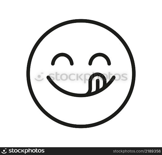 Yummy smile emoji with tongue lick mouth. Delicious tasty food symbol for social network. Yummy and hungry line icon. Savory gourmet. Enjoy food sign. Vector illustration isolated on white background.. Yummy smile emoji with tongue lick mouth. Delicious tasty food symbol for social network. Yummy and hungry line icon. Savory gourmet. Enjoy food sign. Vector illustration isolated on white background