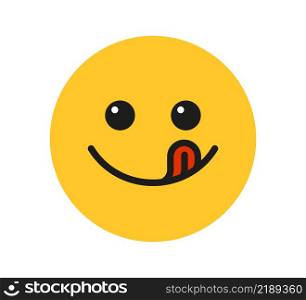 Yummy smile emoji with tongue lick mouth. Delicious tasty food symbol for social network. Yummy and hungry icon. Savory gourmet. Enjoy food sign. Vector illustration isolated on white background.. Yummy smile emoji with tongue lick mouth. Delicious tasty food symbol for social network. Yummy and hungry icon. Savory gourmet. Enjoy food sign. Vector illustration isolated on white background