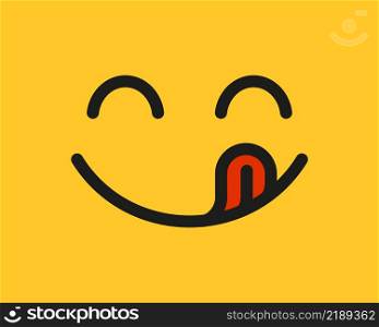 Yummy smile emoji with tongue lick mouth. Delicious tasty food symbol for social network. Yummy and hungry icon. Savory gourmet. Enjoy food sign. Vector illustration isolated on yellow background.. Yummy smile emoji with tongue lick mouth. Delicious tasty food symbol for social network. Yummy and hungry icon. Savory gourmet. Enjoy food sign. Vector illustration isolated on yellow background