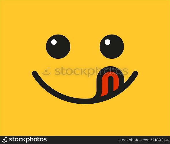 Yummy smile emoji with tongue lick mouth. Delicious tasty food symbol for social network. Yummy and hungry icon. Savory gourmet. Enjoy food sign. Vector illustration isolated on yellow background.. Yummy smile emoji with tongue lick mouth. Delicious tasty food symbol for social network. Yummy and hungry icon. Savory gourmet. Enjoy food sign. Vector illustration isolated on yellow background