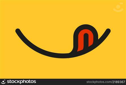Yummy smile emoji with tongue lick mouth. Delicious tasty food symbol for social network. Yummy and hungry line icon. Savory gourmet. Enjoy food sign. Vector illustration isolated on yellow background.. Yummy smile emoji with tongue lick mouth. Delicious tasty food symbol for social network. Yummy and hungry line icon. Savory gourmet. Enjoy food sign. Vector illustration isolated on yellow background