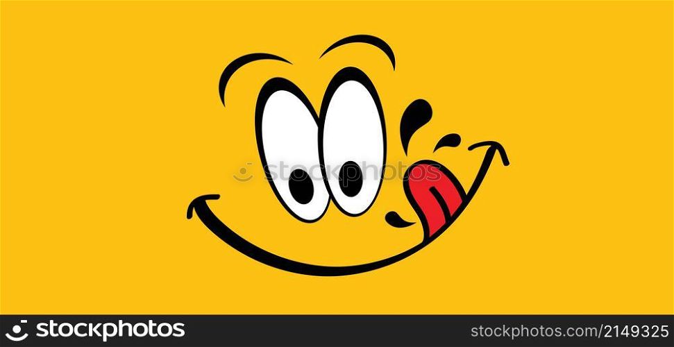 Yummy smile face with red tongue lick and saliva. Vector laugh cartoon slobber sign, icon. Delicious, hungry, tasty eating. Lips or lips symbol. licking logo. Savour eating. Concept of enjoy everyday
