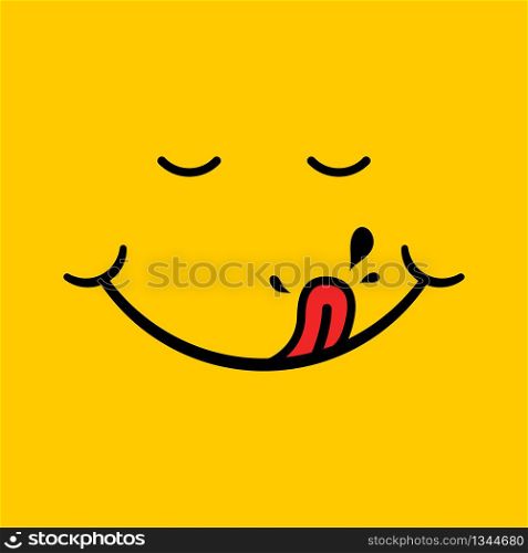 Yummy smile with red tongue, saliva on yellow background. Hungry, eating, tasting face. Happy character after savour eating. Concept of enjoy food. Icon mouth of delicious, pleasure for chat. Vector.. Yummy smile with red tongue, saliva on yellow background. Hungry, eating, tasting face. Happy character after savour eating. Concept of enjoy food. Icon mouth of delicious, pleasure for chat. Vector