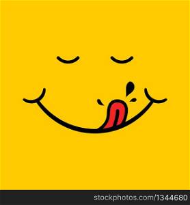 Yummy smile with red tongue, saliva on yellow background. Hungry, eating, tasting face. Happy character after savour eating. Concept of enjoy food. Icon mouth of delicious, pleasure for chat. Vector.. Yummy smile with red tongue, saliva on yellow background. Hungry, eating, tasting face. Happy character after savour eating. Concept of enjoy food. Icon mouth of delicious, pleasure for chat. Vector
