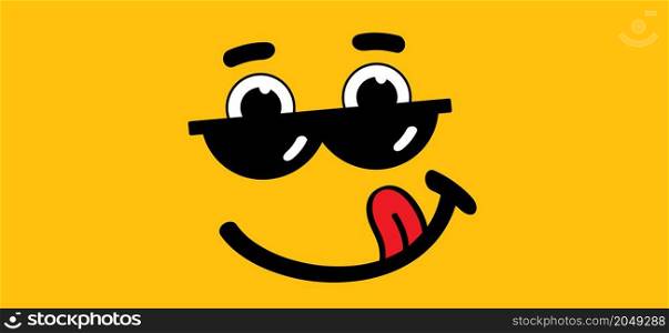 Yummy smile with tongue and lips. Emoticon, emoji face smiling and sunglasses. Cartoon vector cool sign. Eating, eat mouth. Comic sun glasses and astonish, astound, amaze expression