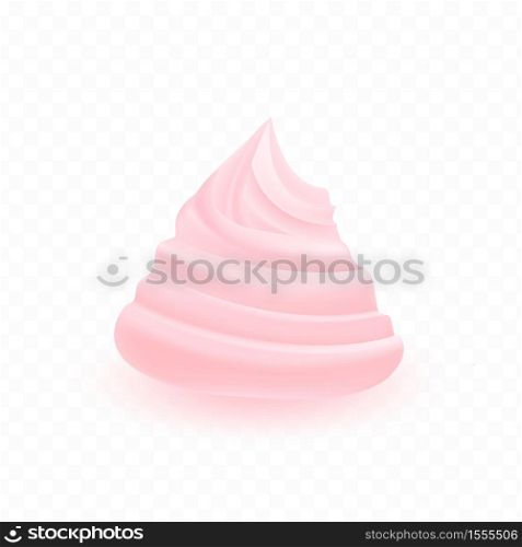 Yummy strawberry pink cream isolated on transparent background with nice tints. Sweet dessert topping element in a realistic style. Sugar mousse icon. Vector.