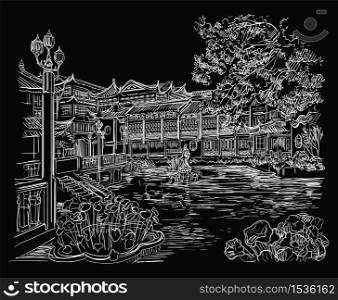 Yuyuan Garden (Garden of Happiness), Old City of Shanghai, landmark of China. Hand drawn vector sketch illustration in white color isolated on black background. China travel Concept.