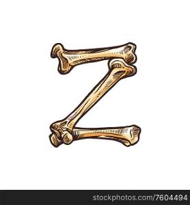 Z letter of dead person bones isolated scary alphabet symbol. Vector Halloween font, j sign. Letter Z sign of bones isolated scary ABC symbol