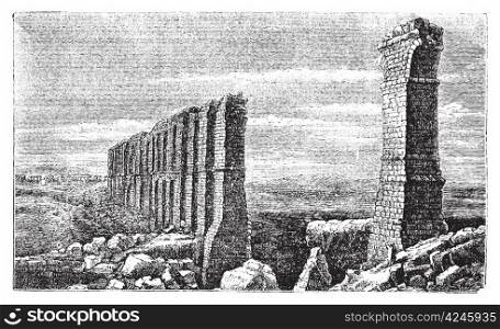 Zaghouan to Carthage roman aqueduct ruins old engraving. Ruins of the longest roman aqueduct built, from Zaghouan to Carthage, 132km, now in ruins. Vector, engraved illustration