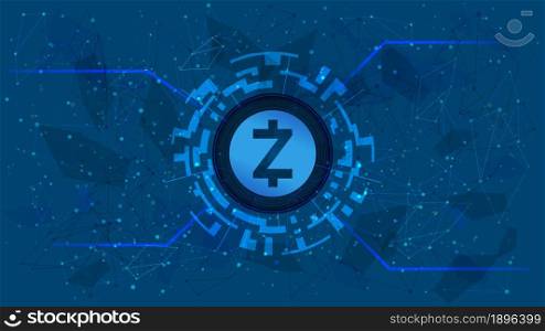 Zcash ZEC token symbol in a digital circle on polygonal blue background. Cryptocurrency coin icon. Digital gold for website or banner. Copy space. Vector.