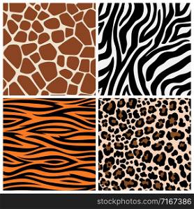Zebra, giraffe and leopard patterns. Vector tiger stripes and jaguar spots fur, giraffe and zebra seamless skin prints. Zebra, giraffe and leopard patterns